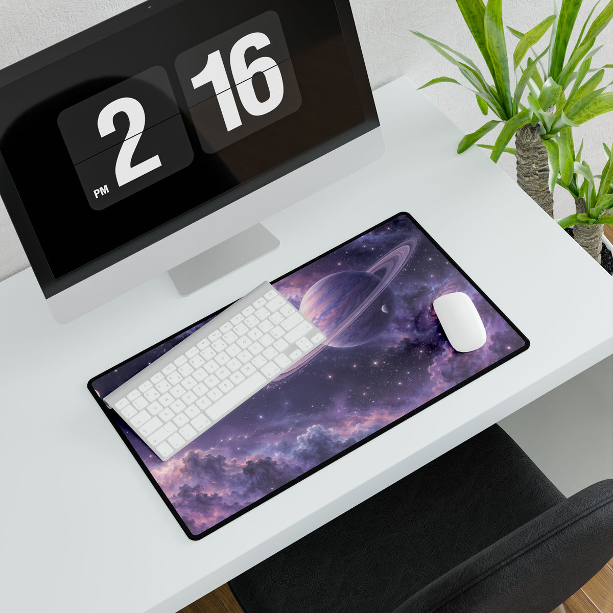 Pastel Stardust Space Desk Mat - Medium angled computer and plant setup | BTendance
