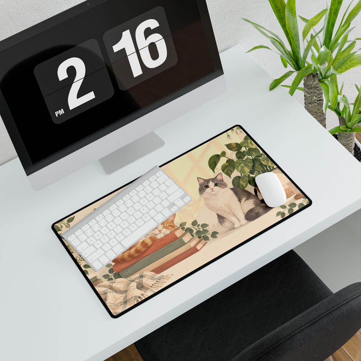 Reading Nook Cats Desk Mat, 23.6 × 13.8 in, angled computer desk mockup with plant.