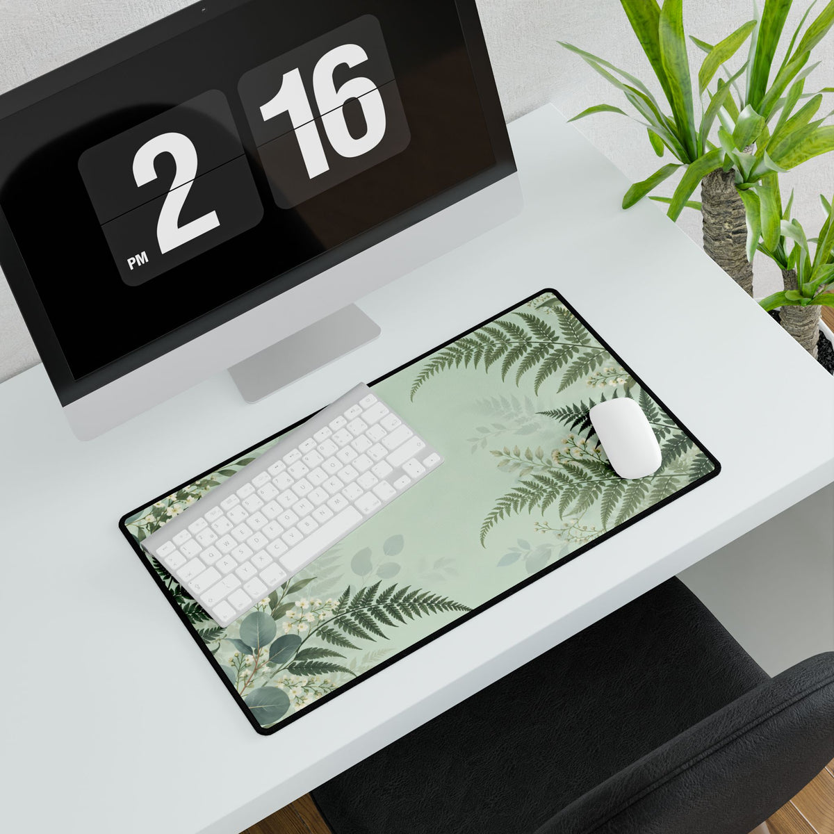Fern & Eucalyptus Desk Mat, 23.6 × 13.8 in, angled computer desk mockup with plant.