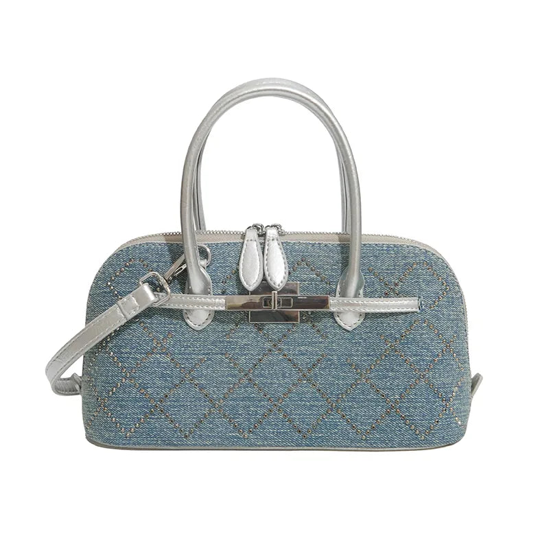 Denim handbag with silver-tone handles and shoulder strap — diamond embellishments front view | BTendance