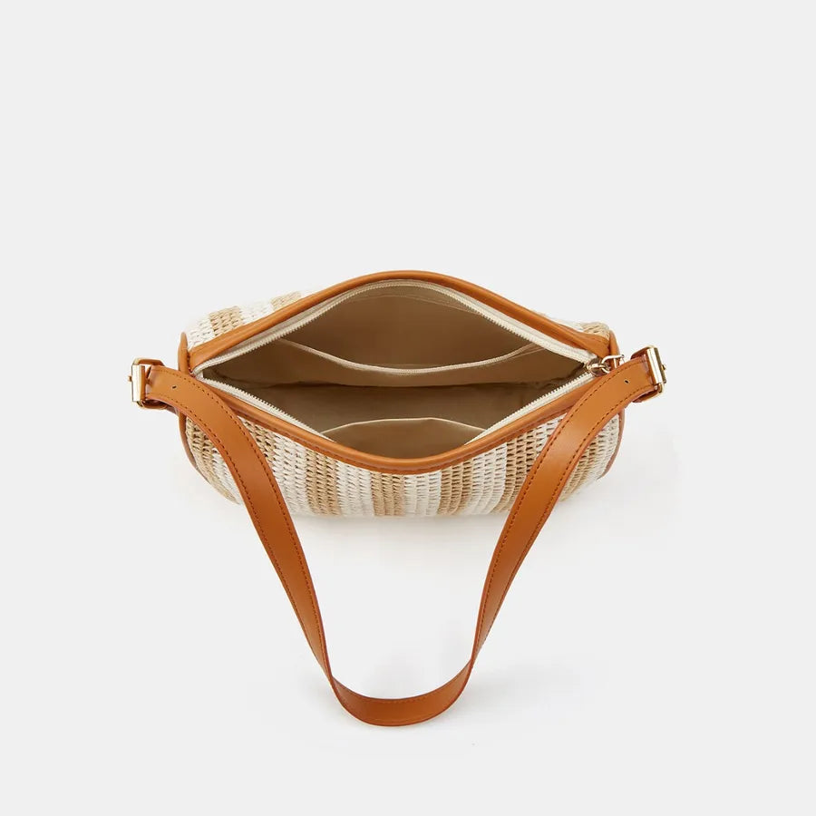 Striped woven shoulder bag with tan trim – Open top showing interior pocket | BTendance