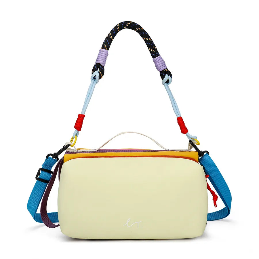 Color-block crossbody bag with rope handle — yellow front view on white background | BTendance
