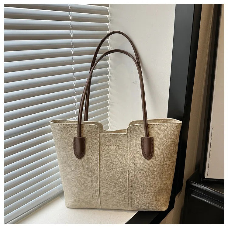 Structured tote bag with long handles – Cream bag with brown handles, front view | BTendance