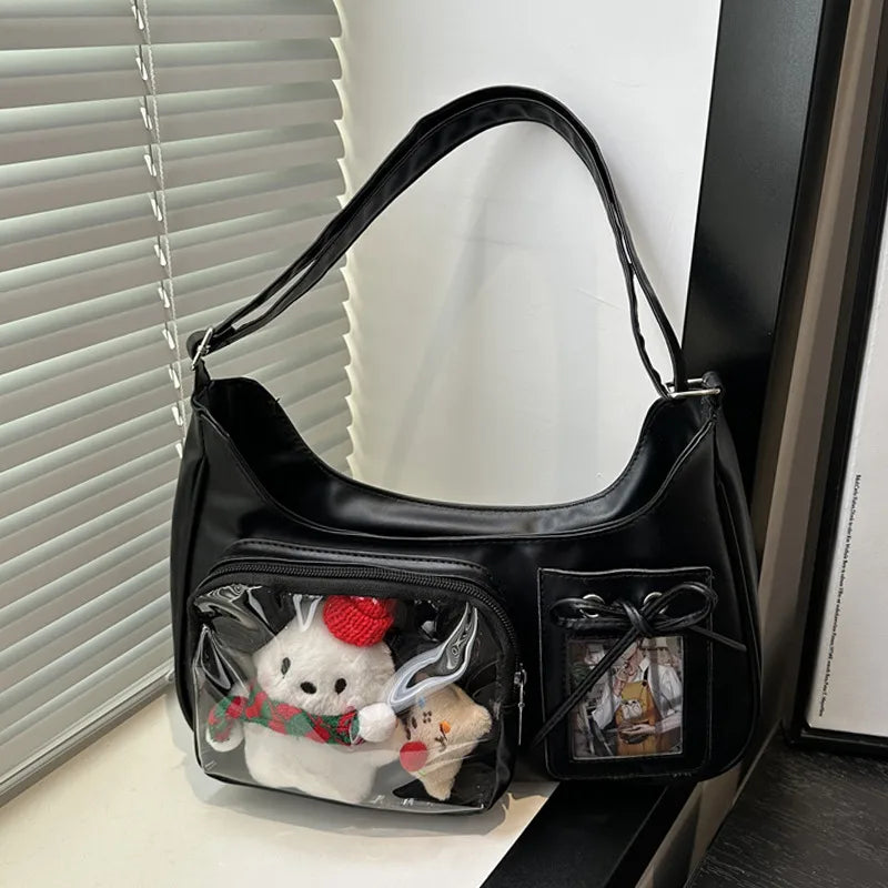 Shoulder bag with clear front display pocket — black with plush decorations in clear pocket | BTendance