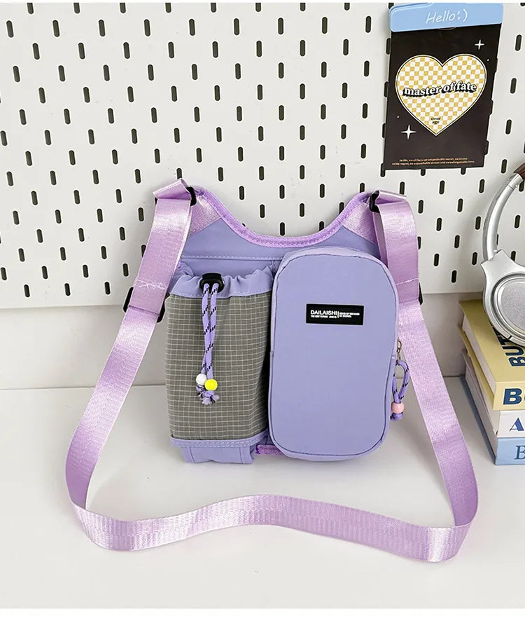 Crossbody bag with mesh bottle pocket and front zip pouch — purple on display | BTendance