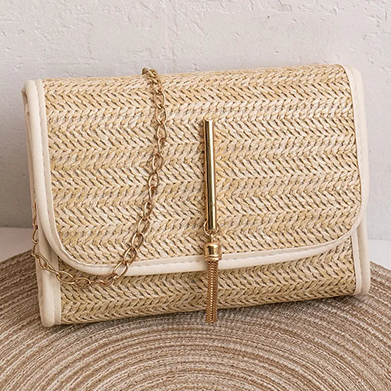Woven flap crossbody bag with chain strap – Cream trim bag with long gold bar detail | BTendance