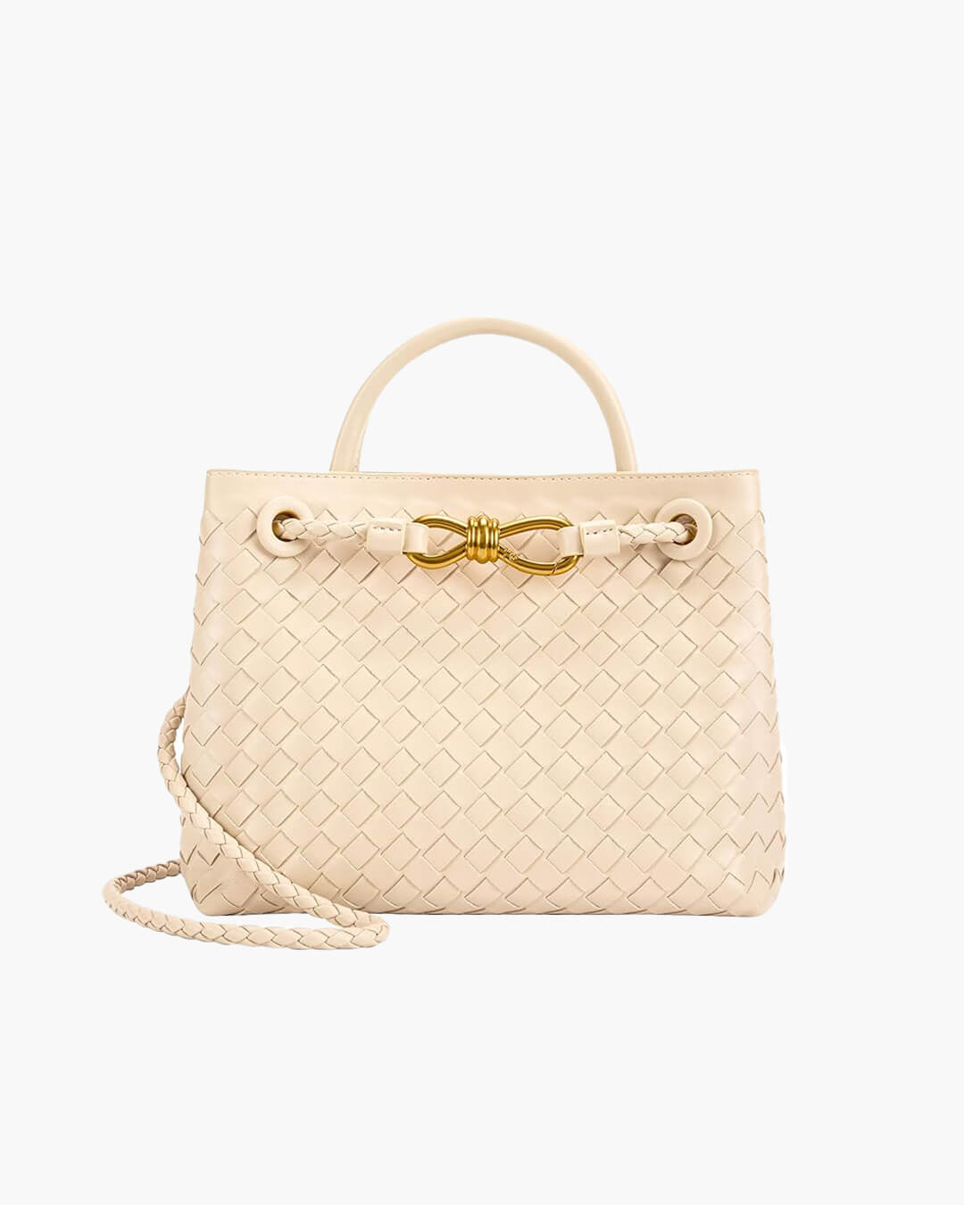 Woven Vegan Leather Handbag – Lucia Top Handle — Creme, alternate front view | BTendance