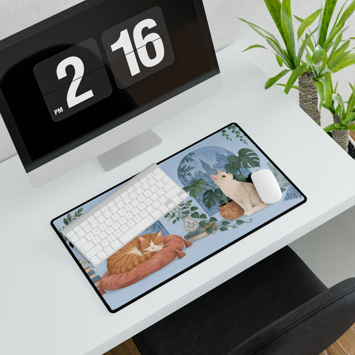 Rainy Window Cats Desk Mat, 23.6 × 13.8 in, angled computer desk mockup with plant.
