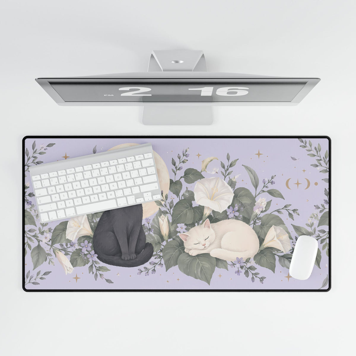 Moonflower Cats Desk Mat, 31.5 × 15.5 in, overhead computer desk mockup.