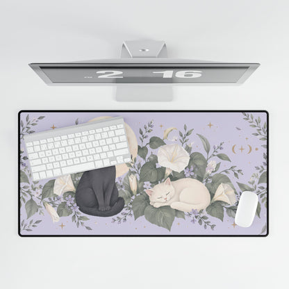 Moonflower Cats Desk Mat, 31.5 × 15.5 in, overhead computer desk mockup.
