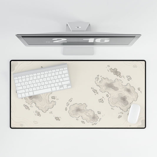 Neutral Topographic Desk Mat, 31.5 × 15.5 in, overhead computer desk mockup.