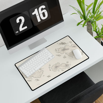 Neutral Topographic Desk Mat, 23.6 × 13.8 in, angled computer desk mockup with plant.