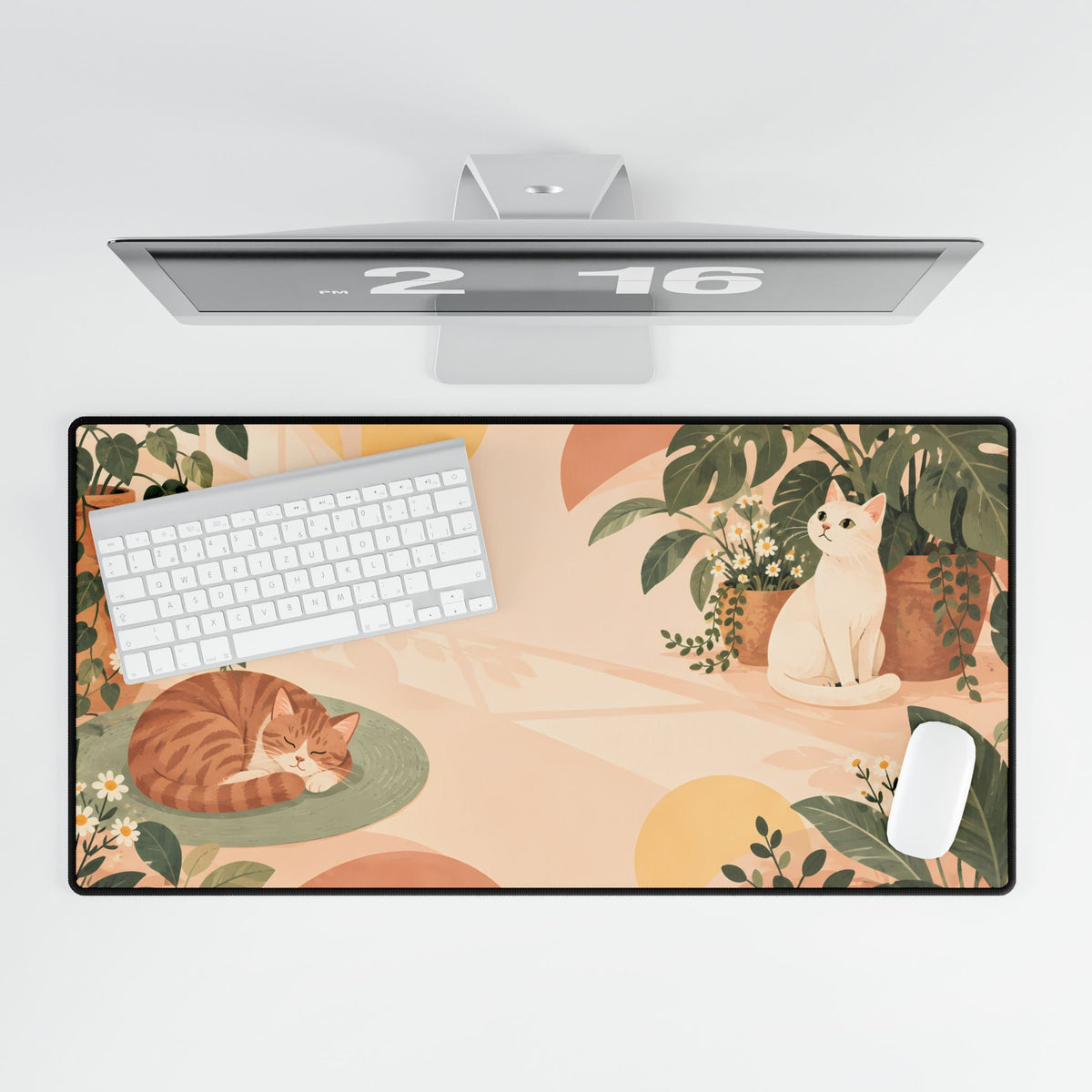 Peach Cat Garden Desk Mat, 31.5 × 15.5 in, overhead computer desk mockup.