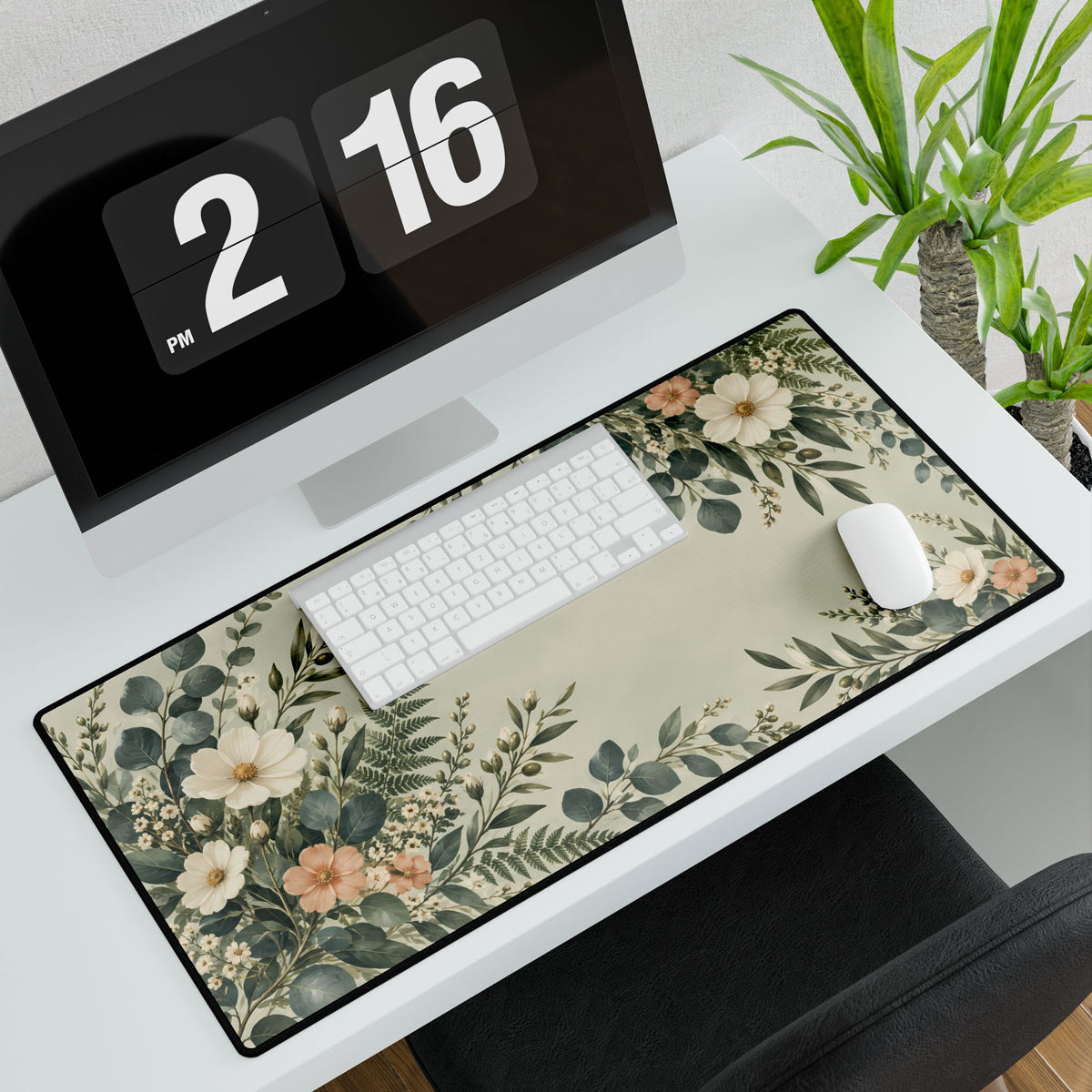 Sage Floral Desk Mat, 31.5 × 15.5 in, angled computer desk mockup with plant.