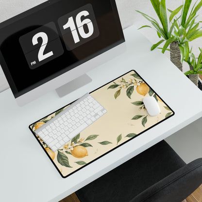 Lemon Blossom Desk Mat, 23.6 × 13.8 in, angled computer desk mockup with plant.