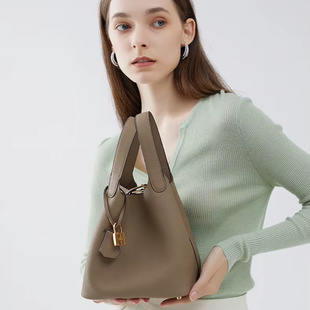Soft Bucket Handbag – Twin Handles and Gold-Tone Detail — Brown, shoulder carrying | BTendance
