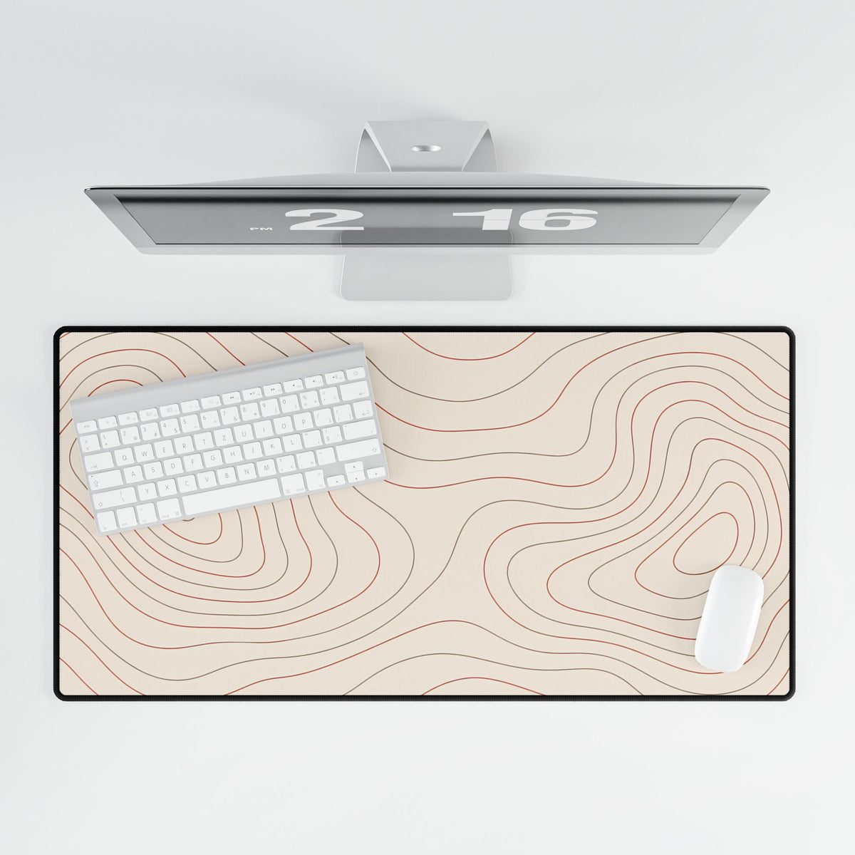 Terracotta Topographic Desk Mat, 31.5 × 15.5 in, overhead computer desk mockup.