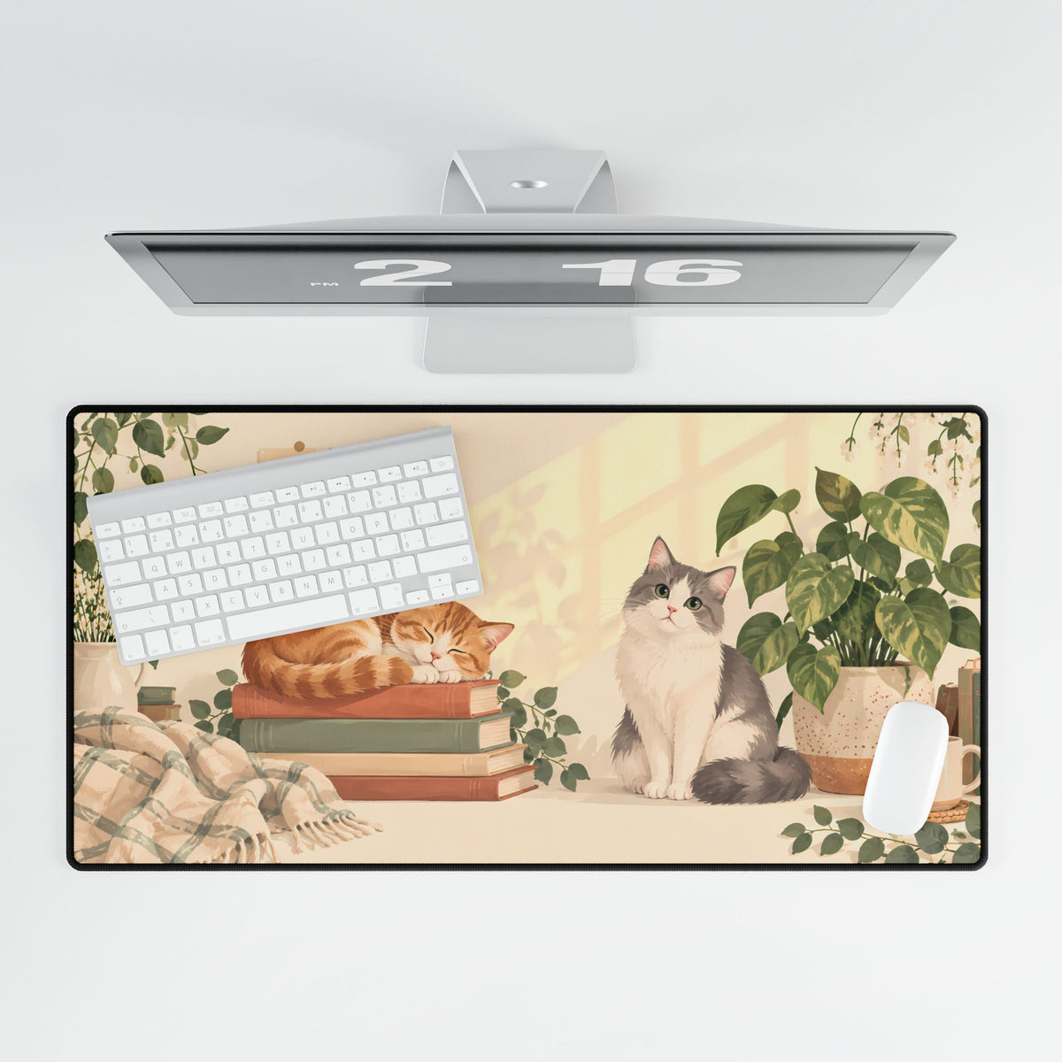 Reading Nook Cats Desk Mat, 31.5 × 15.5 in, overhead computer desk mockup.