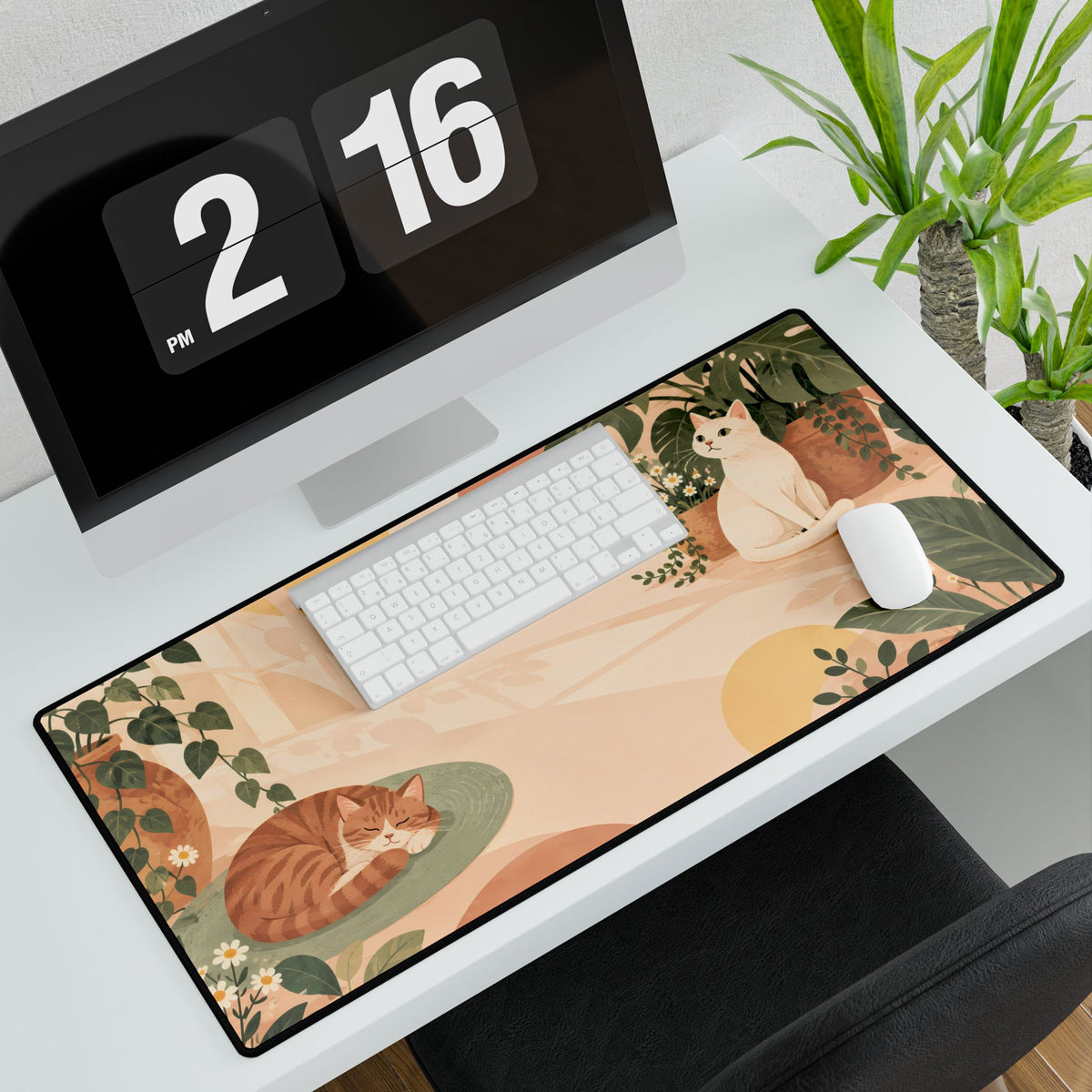 Peach Cat Garden Desk Mat, 31.5 × 15.5 in, angled computer desk mockup with plant.