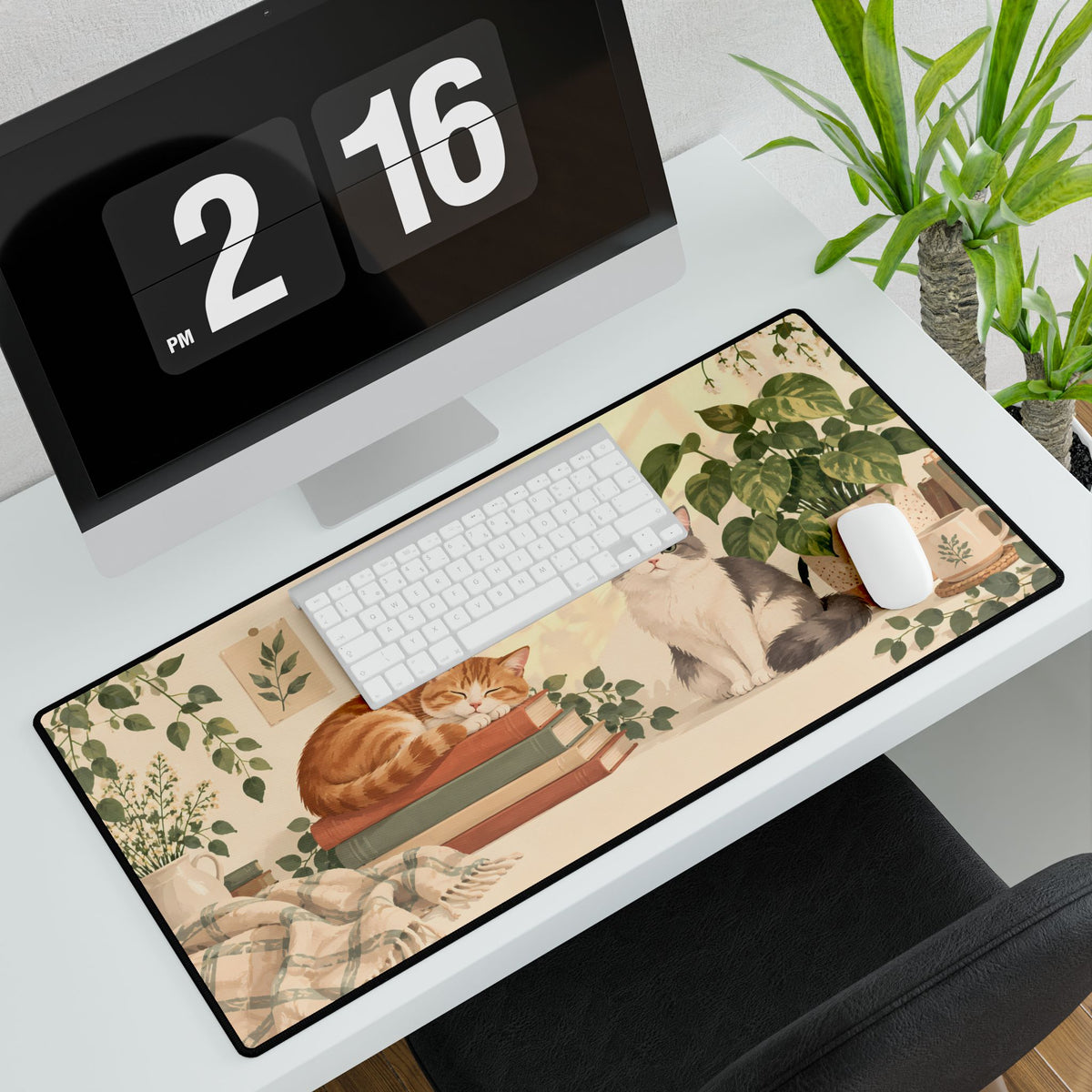 Reading Nook Cats Desk Mat, 31.5 × 15.5 in, angled computer desk mockup with plant.