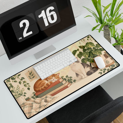Reading Nook Cats Desk Mat, 31.5 × 15.5 in, angled computer desk mockup with plant.
