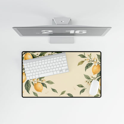 Lemon Blossom Desk Mat, 23.6 × 13.8 in, overhead computer desk mockup.