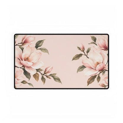 Blush Pink Magnolia Desk Mat, 23.6 × 13.8 in, flat front view.
