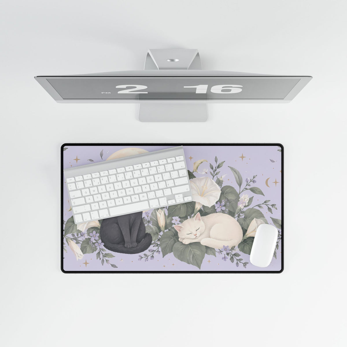 Moonflower Cats Desk Mat, 23.6 × 13.8 in, overhead computer desk mockup.
