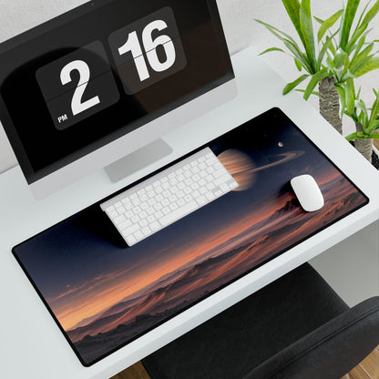 Saturn Dawn Space Desk Mat - Large angled computer and plant setup | BTendance