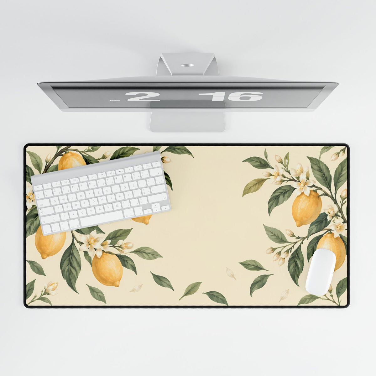 Lemon Blossom Desk Mat, 31.5 × 15.5 in, overhead computer desk mockup.