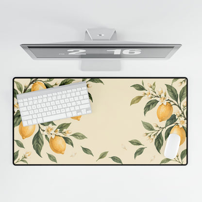 Lemon Blossom Desk Mat, 31.5 × 15.5 in, overhead computer desk mockup.