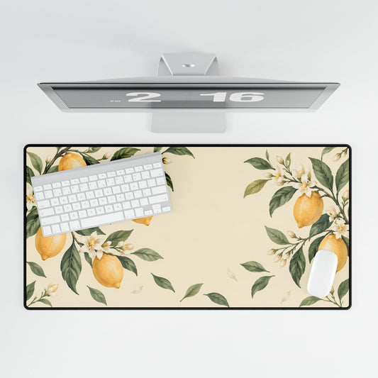 Lemon Blossom Desk Mat, 31.5 × 15.5 in, overhead computer desk mockup.