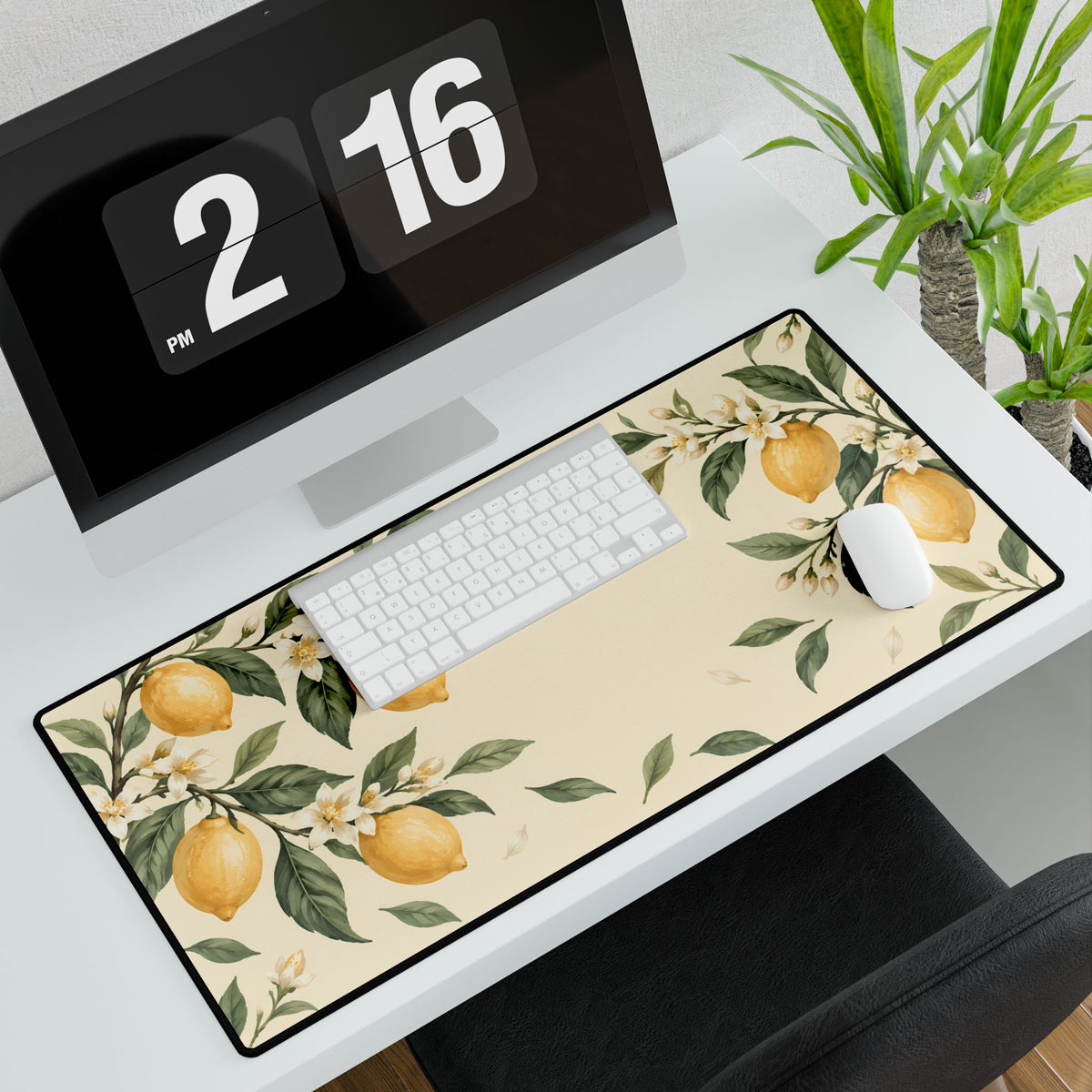 Lemon Blossom Desk Mat, 31.5 × 15.5 in, angled computer desk mockup with plant.