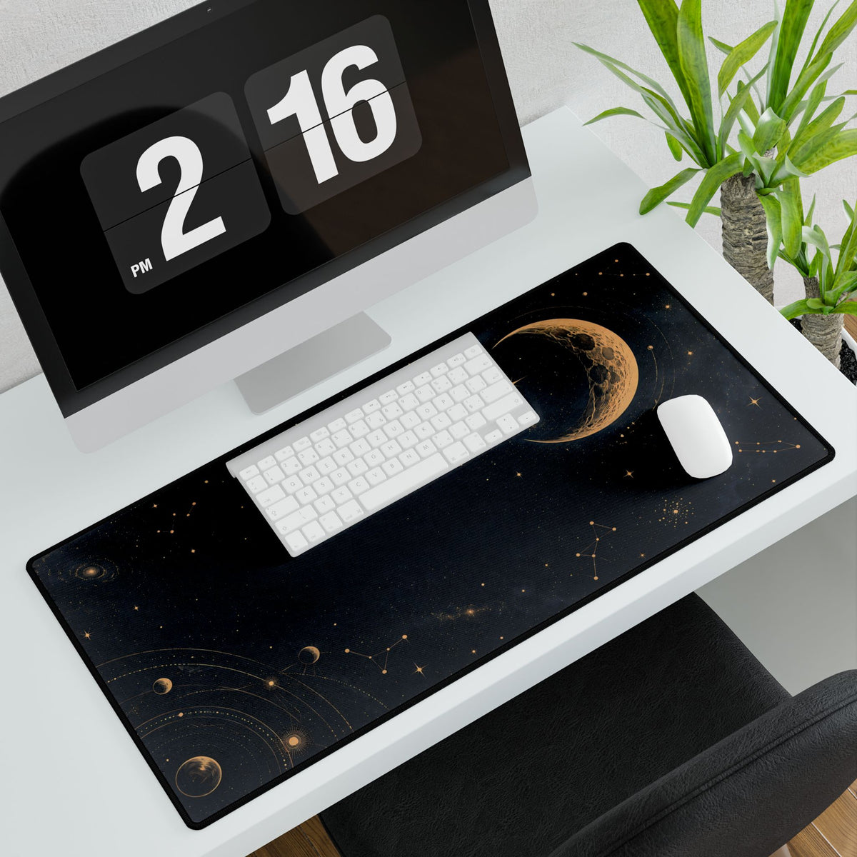 Lunar Gold Space Desk Mat - Large angled computer and plant setup | BTendance