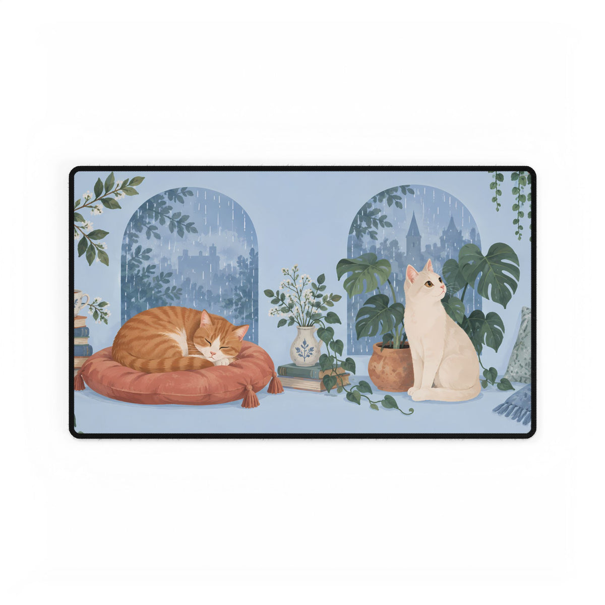 Rainy Window Cats Desk Mat, 23.6 × 13.8 in, flat front view.