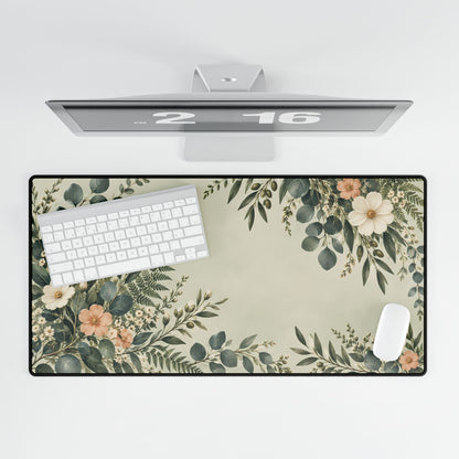 Sage Floral Desk Mat, 31.5 × 15.5 in, overhead computer desk mockup.