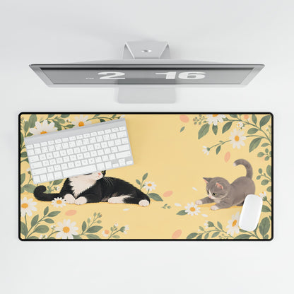 Daisy Cats Desk Mat, 31.5 × 15.5 in, overhead computer desk mockup.