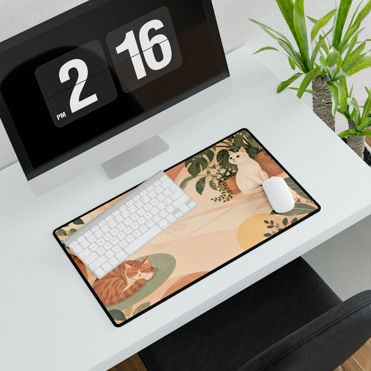 Peach Cat Garden Desk Mat, 23.6 × 13.8 in, angled computer desk mockup with plant.