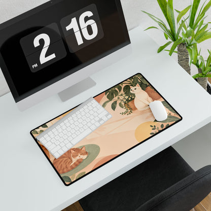 Peach Cat Garden Desk Mat, 23.6 × 13.8 in, angled computer desk mockup with plant.