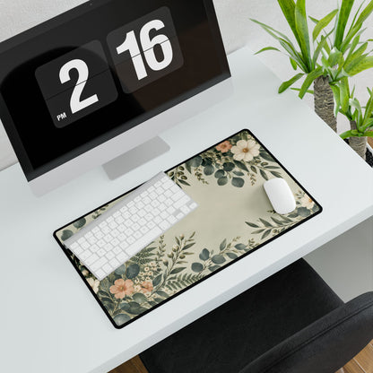 Sage Floral Desk Mat, 23.6 × 13.8 in, angled computer desk mockup with plant.