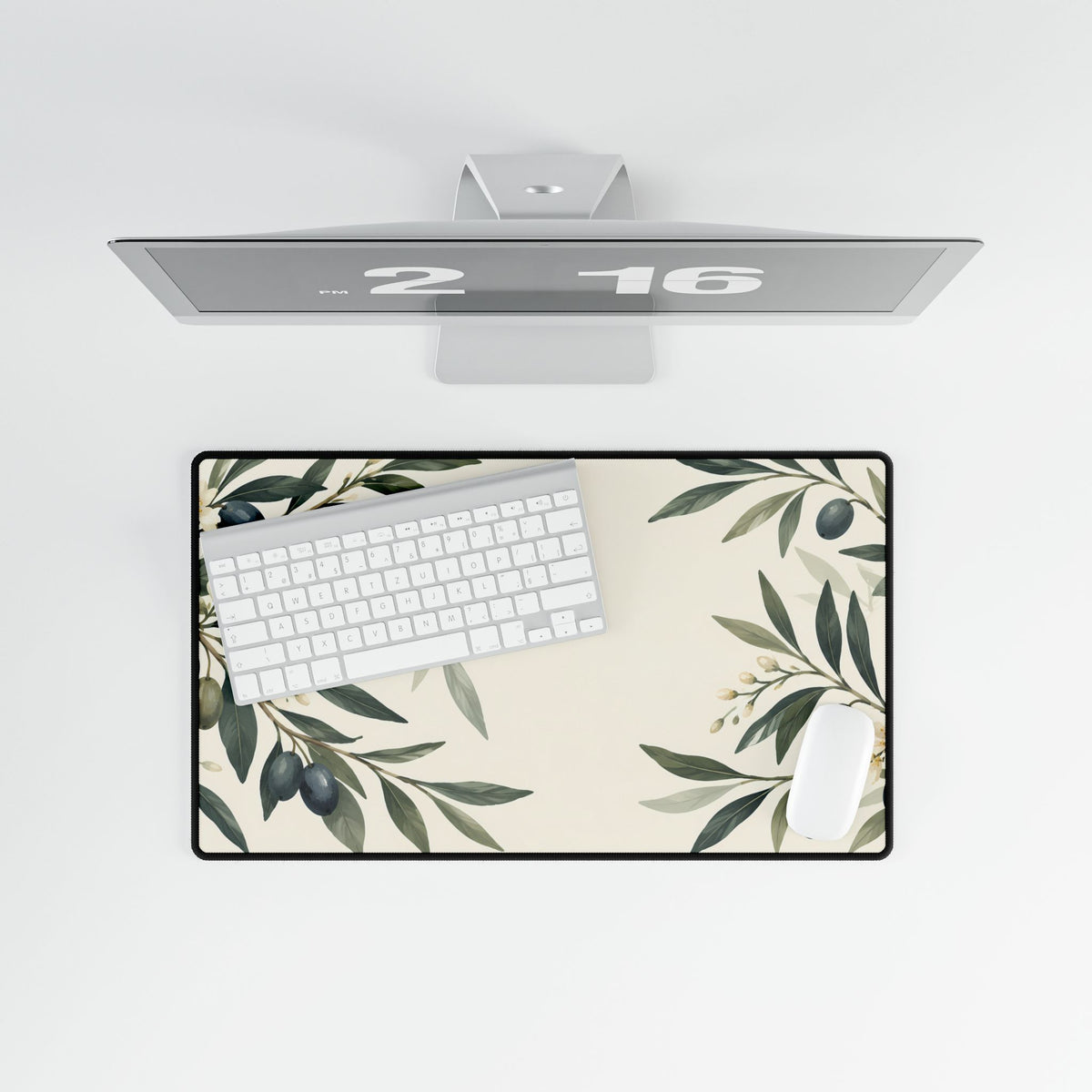 Olive Branch Desk Mat, 23.6 × 13.8 in, overhead computer desk mockup.