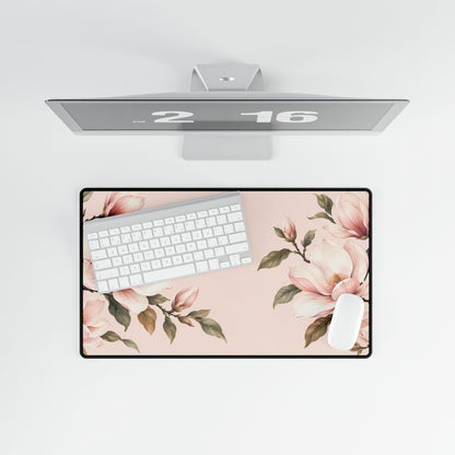Blush Pink Magnolia Desk Mat, 23.6 × 13.8 in, overhead computer desk mockup.