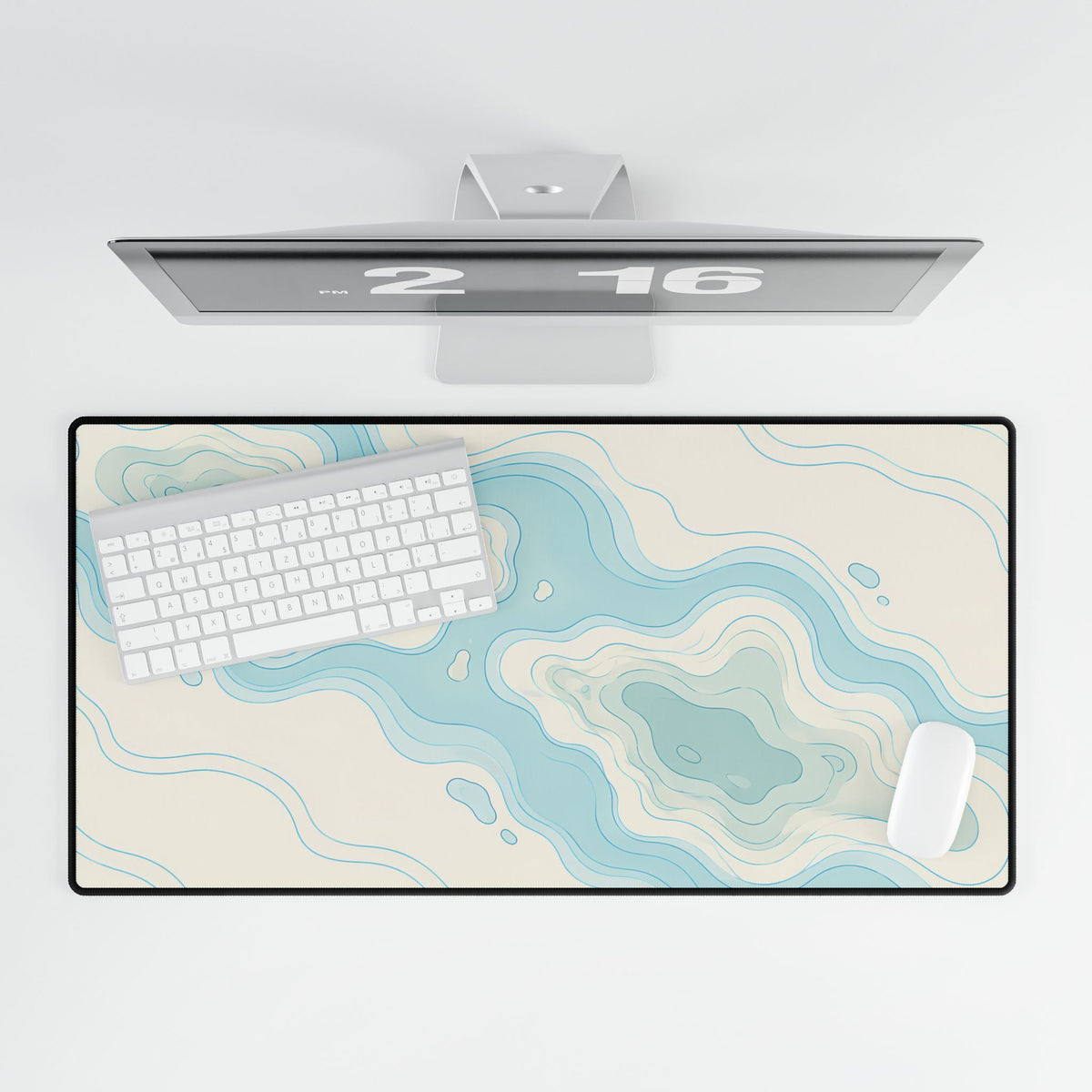 Coastal Blue Topographic Desk Mat, 31.5 × 15.5 in, overhead computer desk mockup.