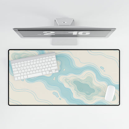 Coastal Blue Topographic Desk Mat, 31.5 × 15.5 in, overhead computer desk mockup.