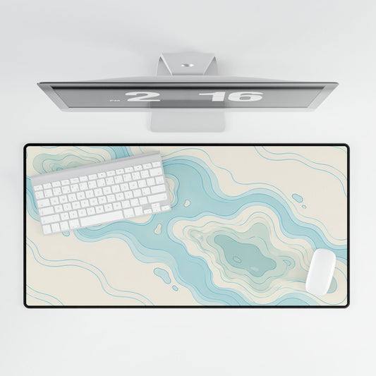 Coastal Blue Topographic Desk Mat, 31.5 × 15.5 in, overhead computer desk mockup.