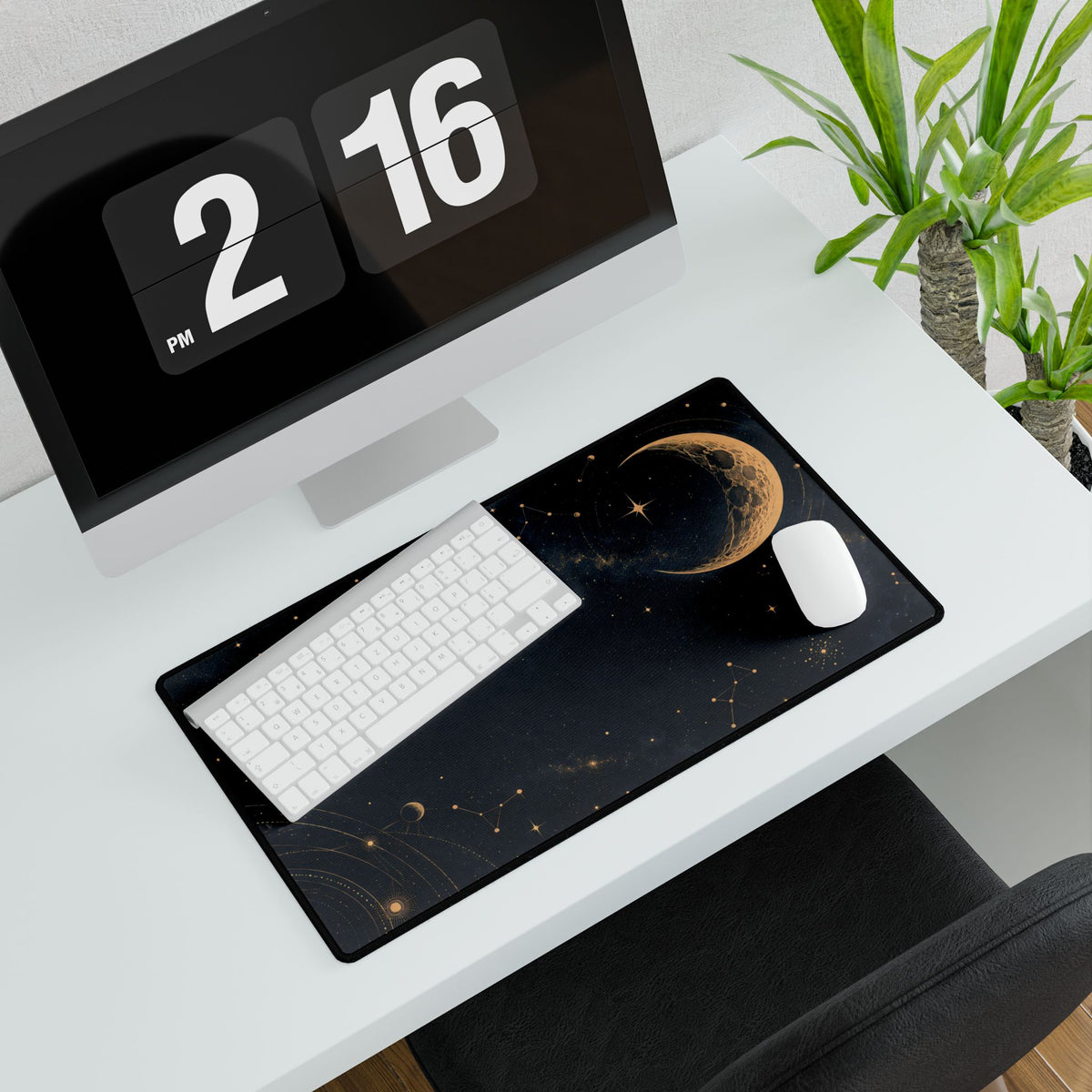 Lunar Gold Space Desk Mat - Medium angled computer and plant setup | BTendance