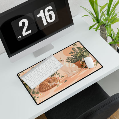 Apricot Catnap Desk Mat, 23.6 × 13.8 in, angled computer desk mockup with plant.