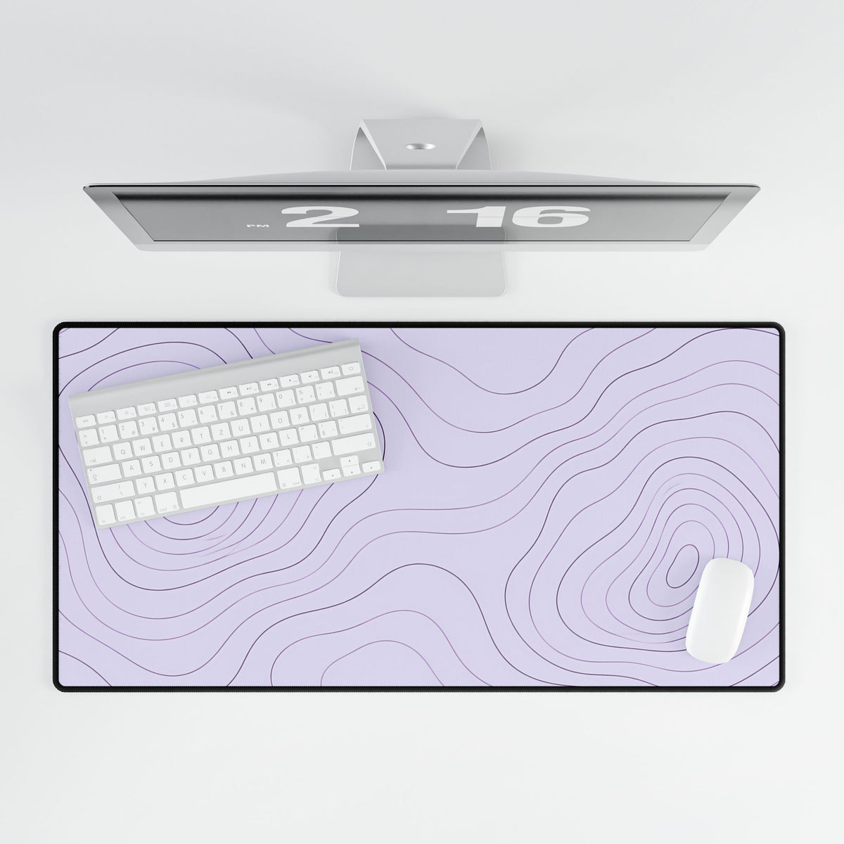 Lavender Topographic Desk Mat, 31.5 × 15.5 in, overhead computer desk mockup.