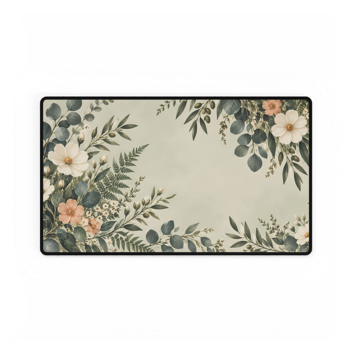 Sage Floral Desk Mat, 23.6 × 13.8 in, flat front view.