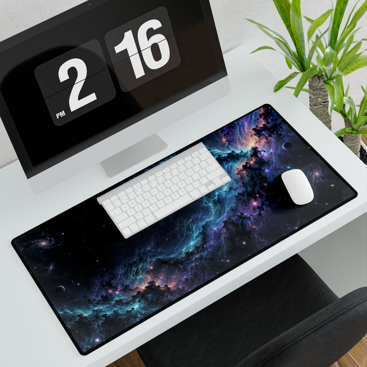 Nebula Drift Galaxy Desk Mat - Large angled computer and plant setup | BTendance